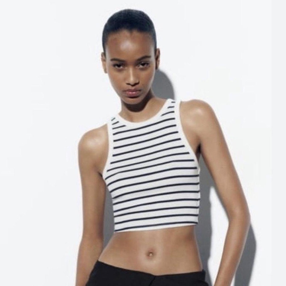 Navy & White Striped Zara High Neck Tank Top‎ Size S